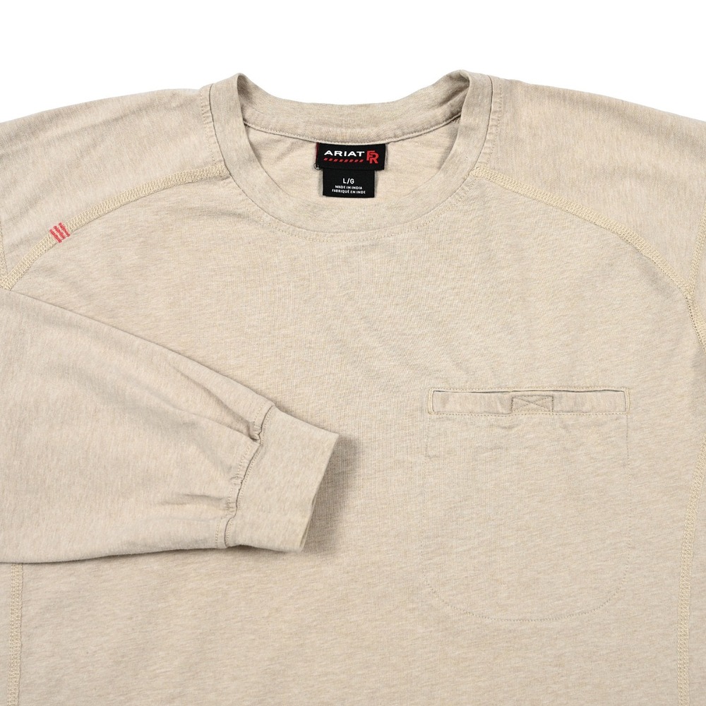 Ariat FR Shirt Mens Large Beige Flame Resistant Long Sleeve Work Crew Pocket EUC
